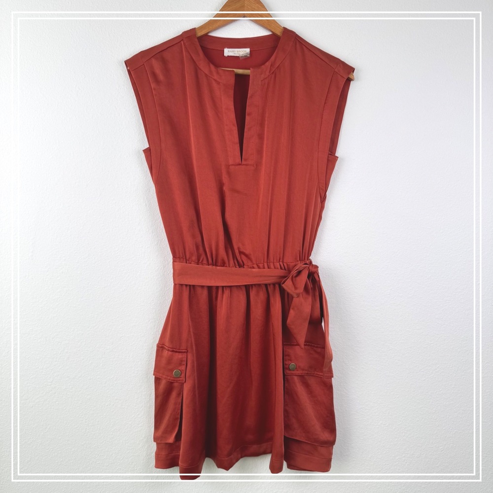 Ramy Brook Dress Women XS Rust Orange Excellent Cargo Pocket Satin Mini Chic